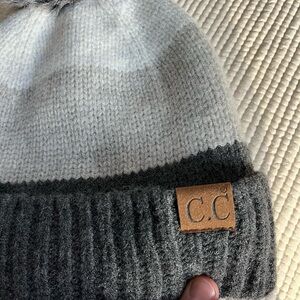 C.C women’s ' Two-Tone Heather gray Knit Beanie with pom pom